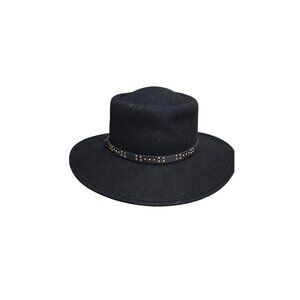 Black 100% Wool Fedora Hat Studded Faux Leather Band Wide Brim Unisex Accessory